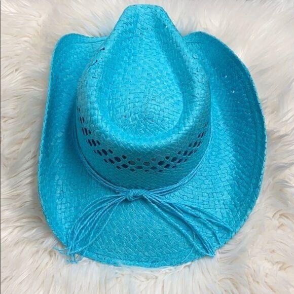 Aqua Blue Boho Style Heart Detail Cowboy Hat - Picture 3 of 4